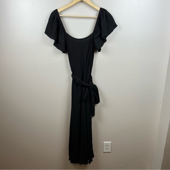 Rachel Pally Crepe Sibil Dress XS Black Square Neck Flutter Sleeve Tie Waist - Picture 2 of 12